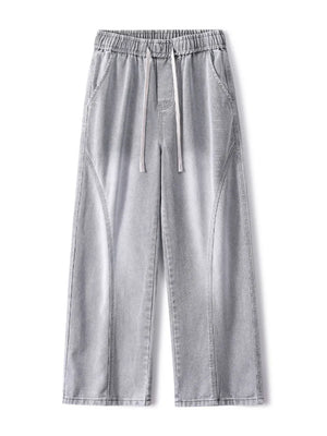 Men's gray vintage wash wide-leg jeans with drawstring and elastic waist
