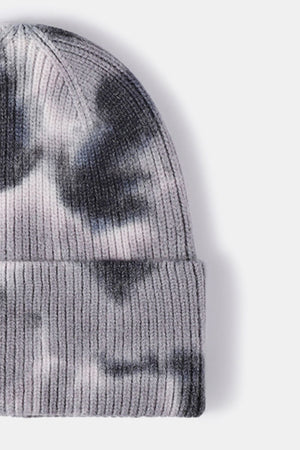 Ribbed knit beanie with a gray and black tie-dye pattern