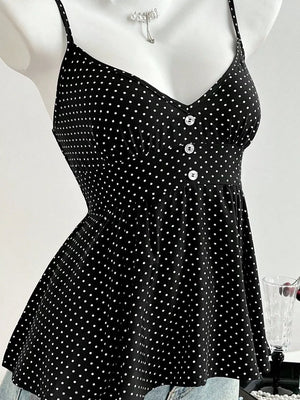Black polka dot peplum cami with spaghetti straps and button detail