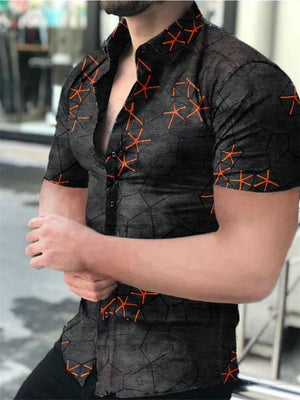 Short sleeve button-down shirt in black with abstract geometric and starburst print.