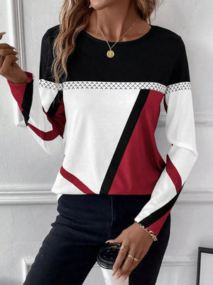 Geometric panel long sleeve t-shirt in black, white, and scarlet with chevron detail.