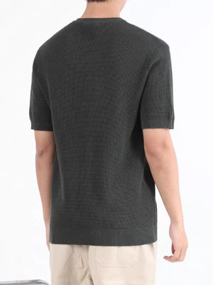 Men's textured knit short sleeve henley in Army Green.