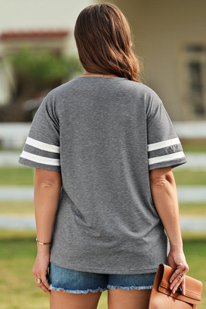 Dark gray t-shirt with white varsity stripes on the sleeves.