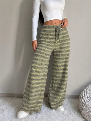 Striped Knit Wide-leg Pants in Army Green, close-up detail