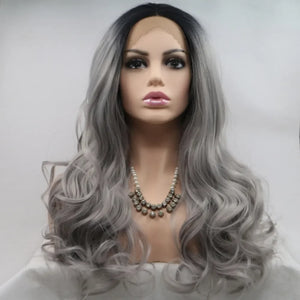 Silver ombre lace front wig with black roots and flowing waves.