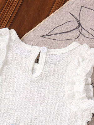 Children's Cherry Embroidered Top And Denim Shorts Set in White, close-up detail