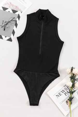 Black ribbed sleeveless bodysuit with mock neck and front zipper