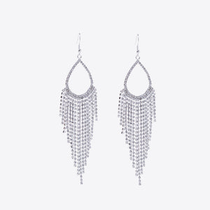 Crystal raindrop chandelier earrings with cascading rhinestones on alloy hooks.