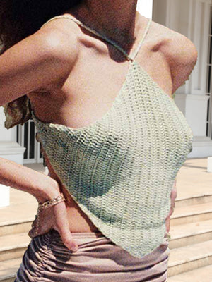 Light green crochet halterneck triangle top with backless detail