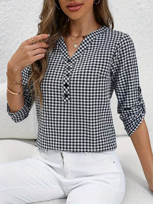Gingham Button Detail Blouse in Black, close-up detail