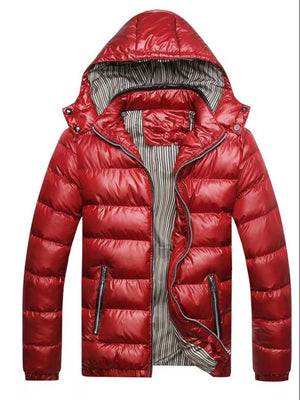 Red hooded puffer jacket with striped lining and zip pockets