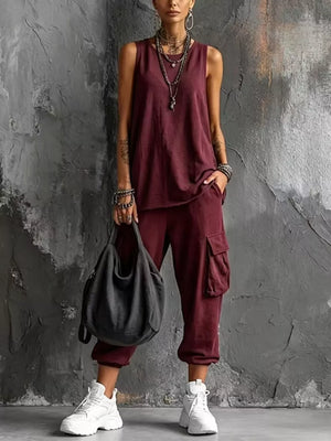 Casual Tank And Cargo Pants Set Plus Size in Sky Blue, fit detail