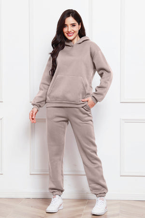 Mocha relaxed hoodie and joggers set with front pocket and cuffed ankles.