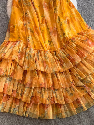 Yellow floral mesh maxi dress with tiered ruffles