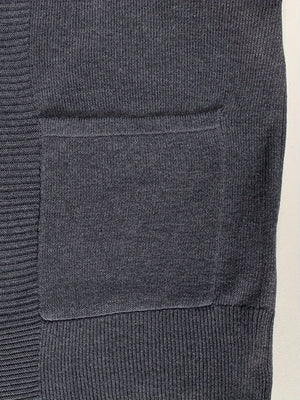 Dark gray textured knit cardigan with a patch pocket and ribbed trim.