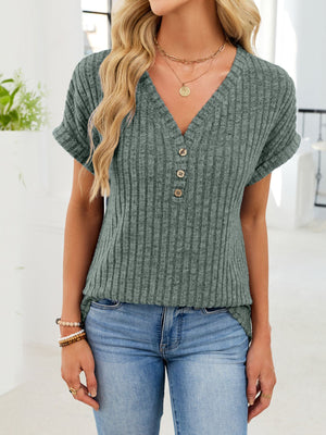 Army green ribbed knit v-neck t-shirt with buttons and short sleeves