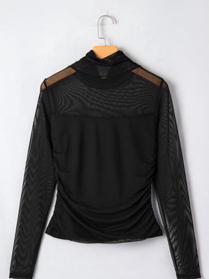 Black sheer mesh maternity shirt with high neck and ruched sides