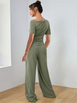 Sage boat neck jersey co-ord set with wide leg pants and short sleeves