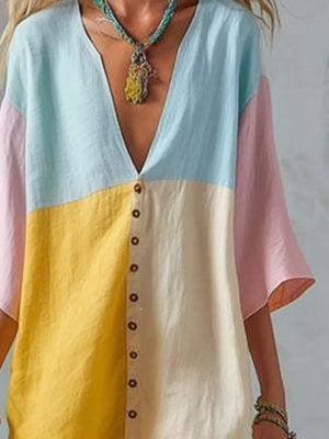 Color Block V-neck Mini Dress in Yellow, close-up detail
