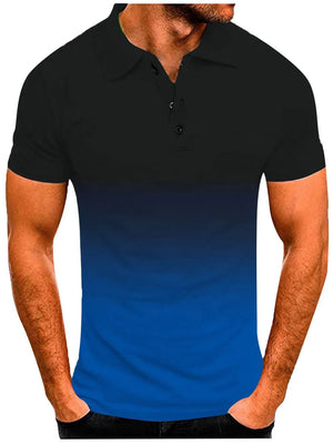 Men's black and royal blue gradient polo shirt with button detail