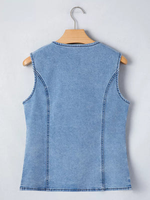 Light wash denim vest with button detail and slit, women's outerwear