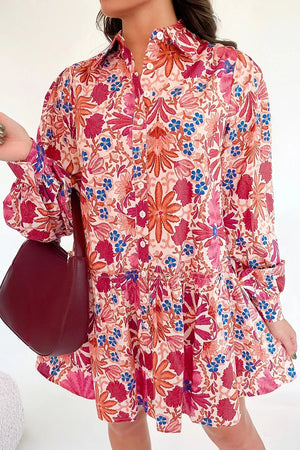 Fall Flower Print Long Sleeve Mini Dress in Dusty Pink, front view