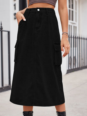 Black denim midi skirt with cargo pockets and a button closure.