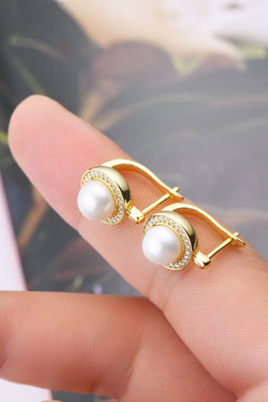 Gold pearl halo leverback earrings with cubic zirconia accents