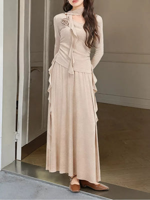 Ruffled Long Sleeve Knit Top And Maxi Skirt Set in Khaki, front view