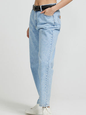 Light wash high-rise denim jeans with a straight leg and buttoned fly.