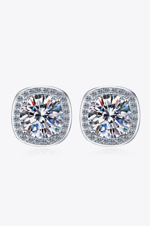 Silver cushion cut halo moissanite stud earrings with sparkling accents.