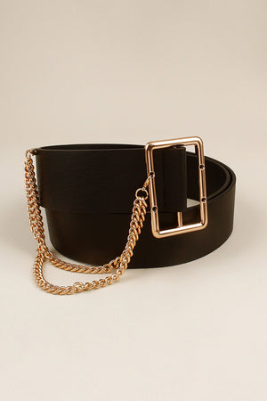Black faux leather belt with gold chain detail and rectangular buckle.