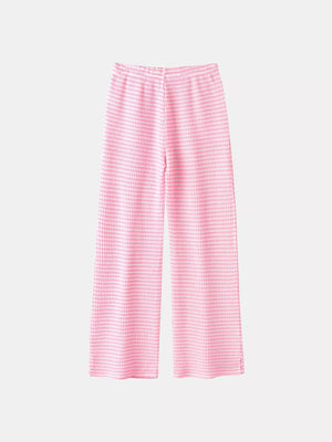Pink striped maternity wide leg trousers with a textured fabric.