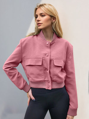 Boxy bomber jacket in Dusty Pink with two chest pockets and snap button closure.