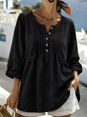 Casual Button Detail Long Sleeve Linen Shirt in Yellow, front view