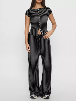 Dark gray striped cropped button-down top and wide-leg pants set