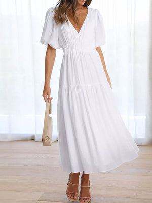 Elegant Puff Sleeve V-neck Midi Dress in Black, view 20