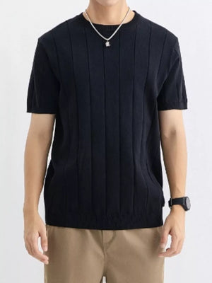 Men's black ribbed crew neck tee with short sleeves.