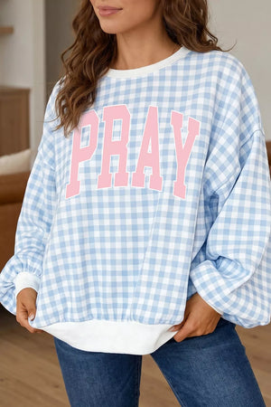 light blue sweatshirt with gingham and round neck