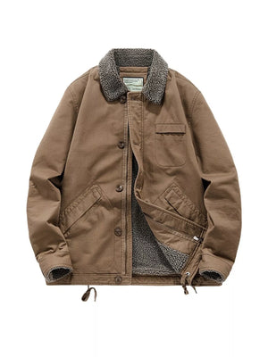 Brown sherpa collar jacket with button-up front and fleece lining.