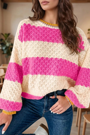 Striped Colorblock Drop Shoulder Sweater in Hot Pink, close-up detail