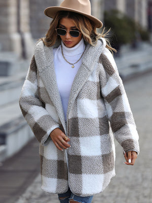 Teddy hooded cocoon coat in charcoal plaid with a relaxed fit and soft fuzzy texture.