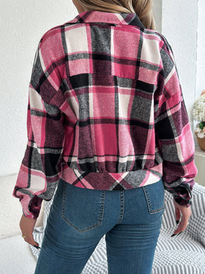 Cropped plaid shacket in fuchsia pink with gathered sleeves and elastic hem.