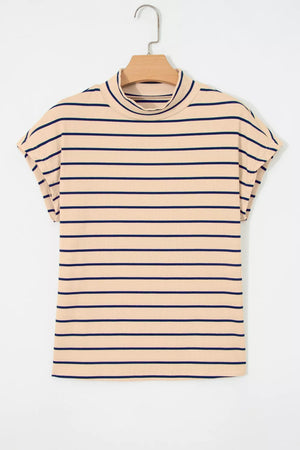 Striped mock neck t-shirt in beige with navy stripes, short sleeves, and ribbed cotton fabric.