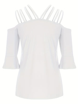 White blouson top with strappy cold shoulder and flared 3/4 sleeves