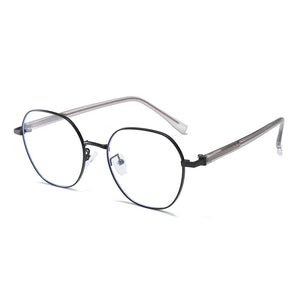 Round metal frame glasses with clear lenses and black rims.