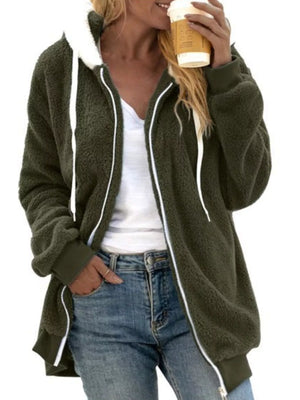 Cozy fleece zip-up hooded jacket in army green with white drawstring and trim.