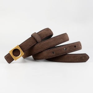 Brown cowhide leather belt with square gold buckle and stitched details.