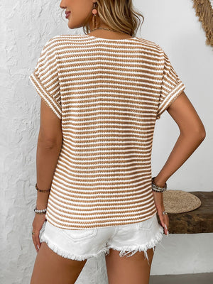 Button-down knit top with caramel and white stripes, short sleeves, and a crew neck.
