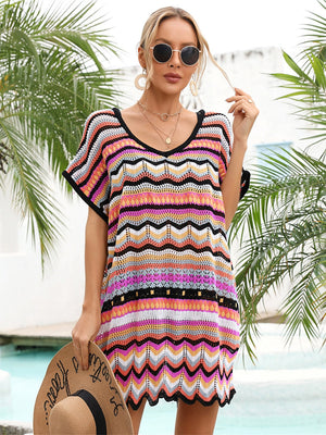Chevron knit beach cover-up with multicolor stripes and V-neck.
